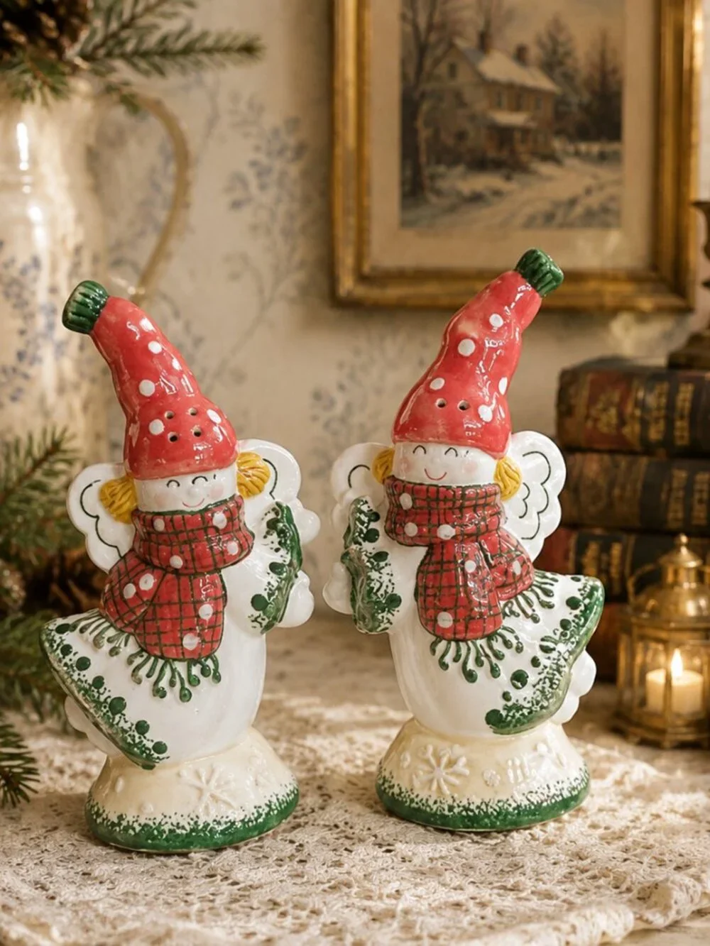 Rare Charming Vintage Snow Angels Ceramic Salt and Pepper Shakers Set